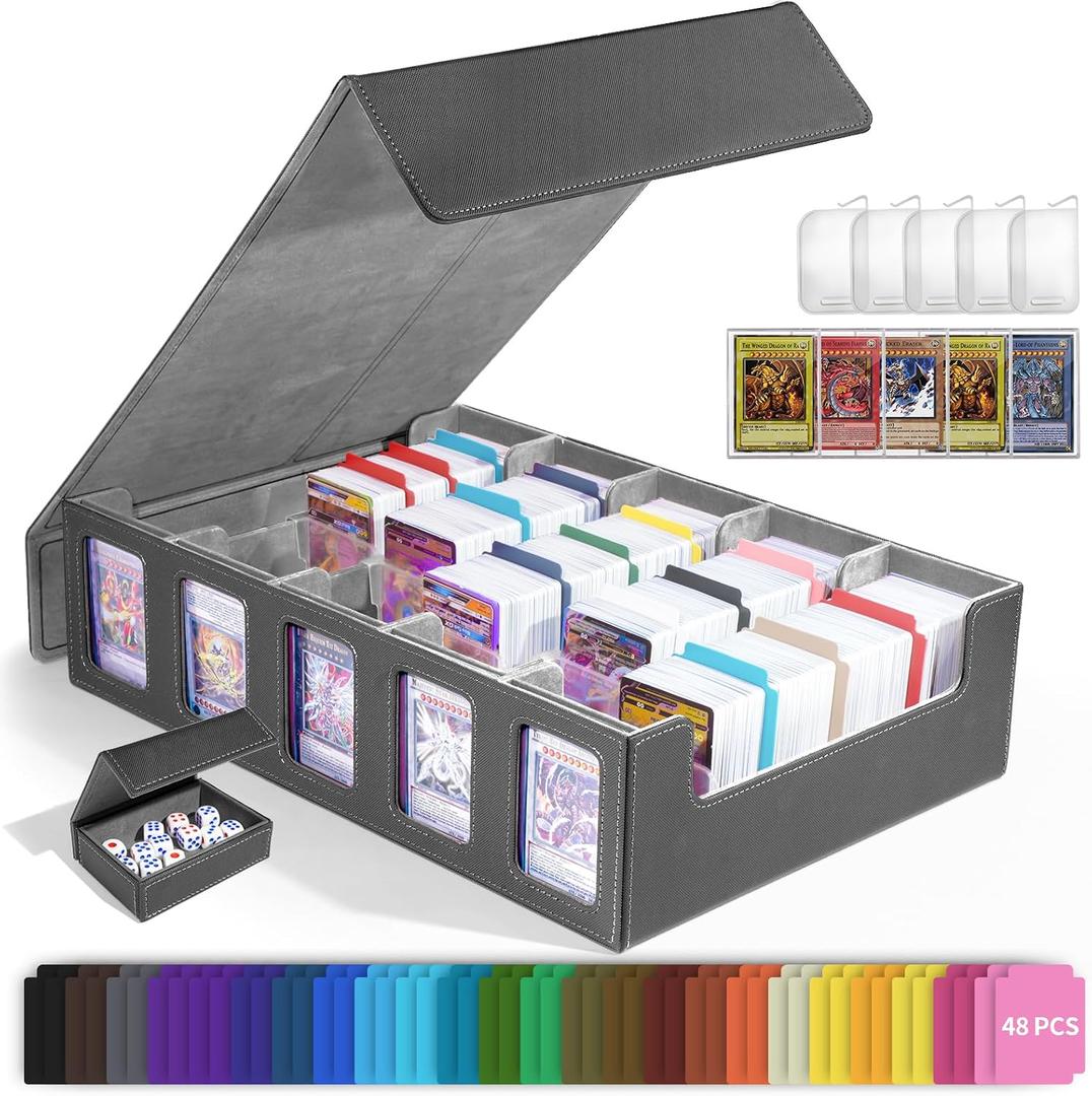 Trading Card Storage Box with Commander Display, 5-Row Deck Case with Removable Lid, 3900+ Cards Deck Case with 48 Colorful Dividers, Magic Card Organizer for TCG PTCG, Black Grey