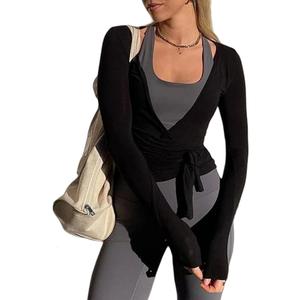 Women Wrap Top Long Sleeve Deep V Neck Cross Tie Workout Ballet Pilates Yoga Shirt XS 2 Pack White and Black