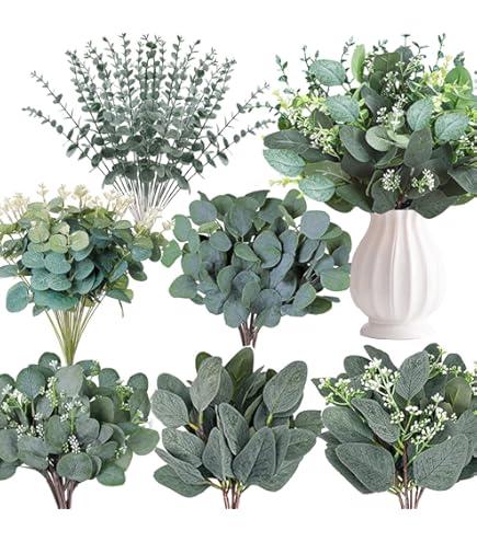 Thiccywoov 250 Pcs Artificial Eucalyptus Leaves Stem Bulk Fake Greenery Faux UV Resistant Sprays Silver Dollar Eucalyptus for DIY Wedding Bouquet Vase Floral Arrangement Decor (Green, 15 Kinds)