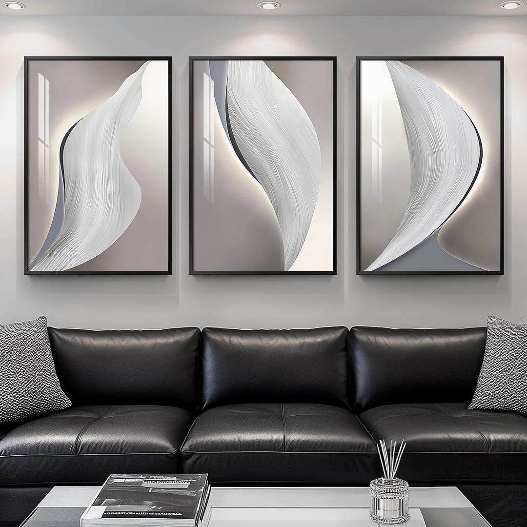 Large Framed Modern Wall Art for Living Room, 3 Piece Minimalist Abstract White and Grey Prints Wall Decor, Bright Style Artwork Paintings Pictures for Hallway Dining Office 24x36 Inch, 36" H x 24" W x 3Pcs