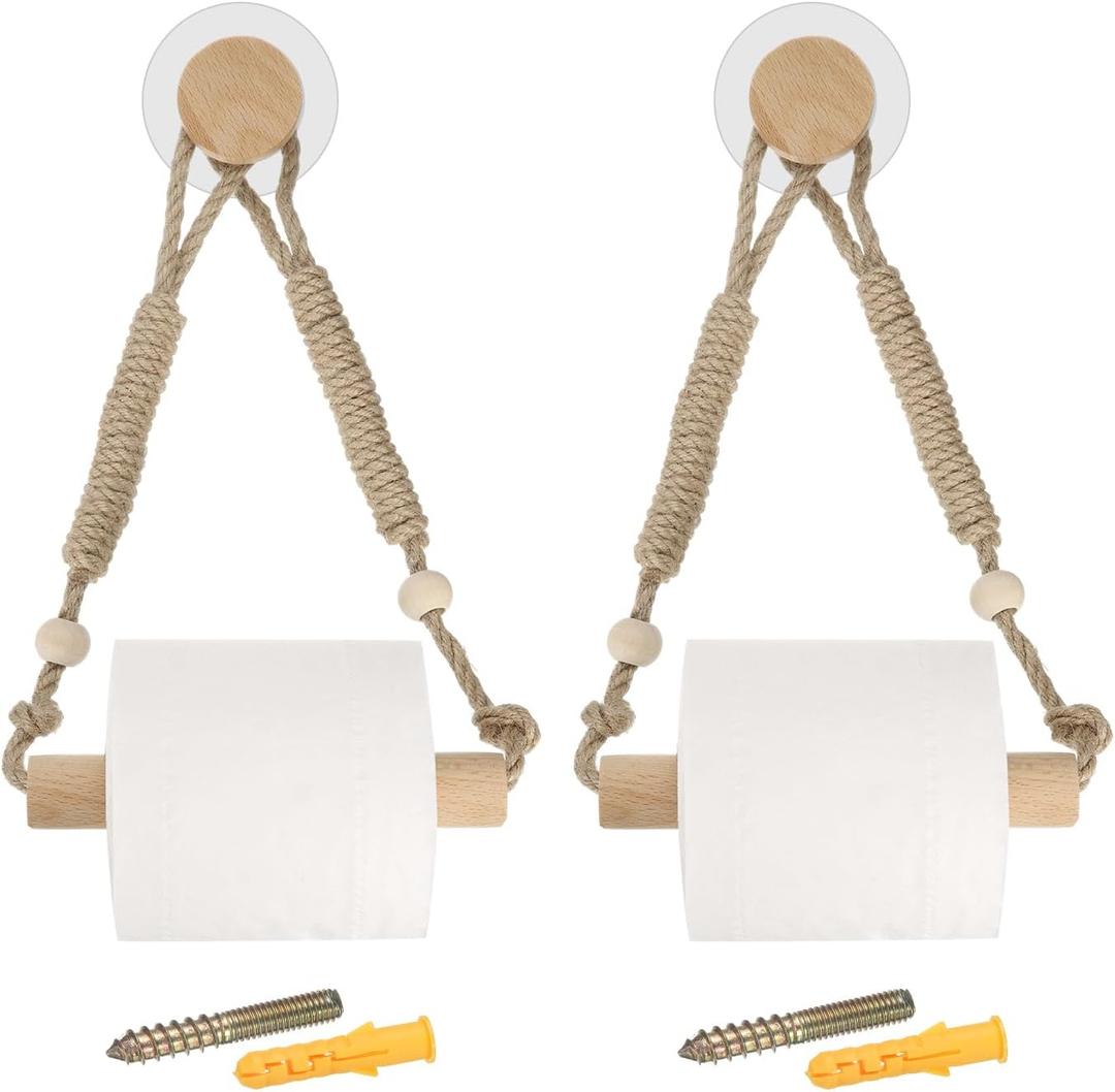 uxcell 2 Pcs Wood Jute Rope Toilet Paper Holder for Bathroom Decor,Round Beads/Wood Color