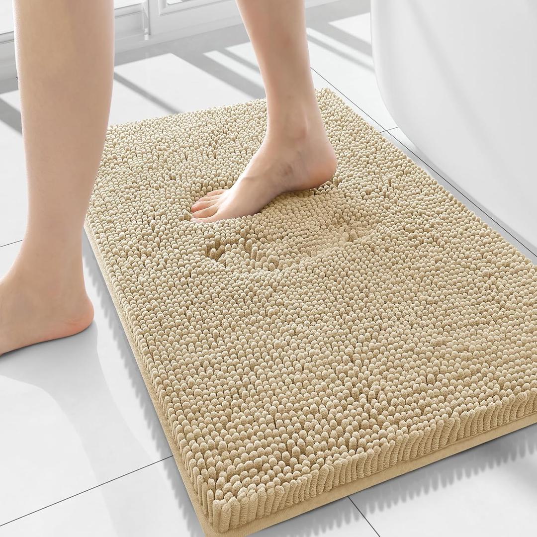 Smiry Luxury Chenille Bathroom Rugs 34x21, Extra Soft and Absorbent Shaggy Bath Mat, Machine Washable, Non-Slip Plush Carpet Runner for Tub, Shower, and Floor, Home Decor Accessories, Beige