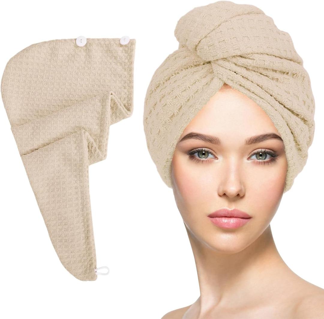 Microfiber Hair Drying Towel with Button 1Pack Khaki Waffle Long Hair Head Wraps Twist Plopping Curly Shower Turban Terry Cloth Fast Absorbent Dry Anti Frizz Hair Wraps for Women Wet Hair
