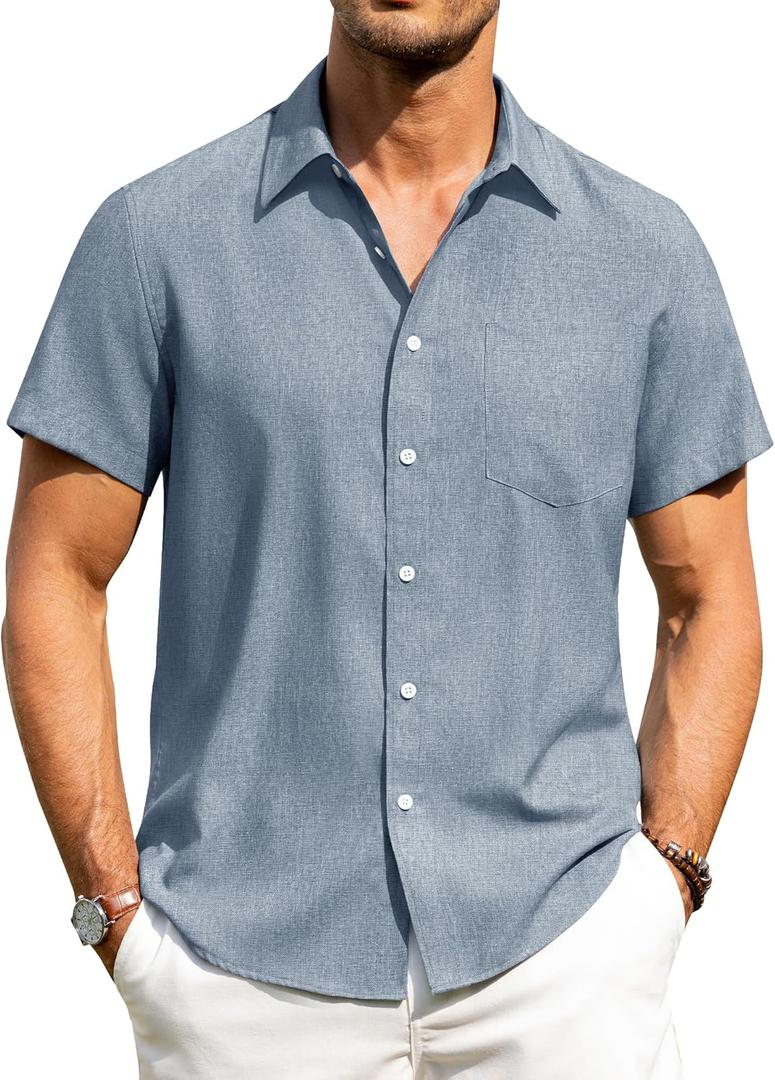 Alimens & Gentle Mens Linen Shirts Short Sleeve Button Down Shirts Wrinkle Free Casual Vacation Beach Summer Tops (3X-Large, Peacock Blue)