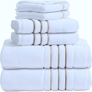 Bath Towels Set for Bathroom  Luxury 6-Piece Cotton Towels, Soft Absorbent & Quick Dry, 600 GSM Bath Towels for Bathroom, Hotel Spa Quality (2 Bath, 2 Hand, 2 Washcloths, White Taupe Brown Stripe)