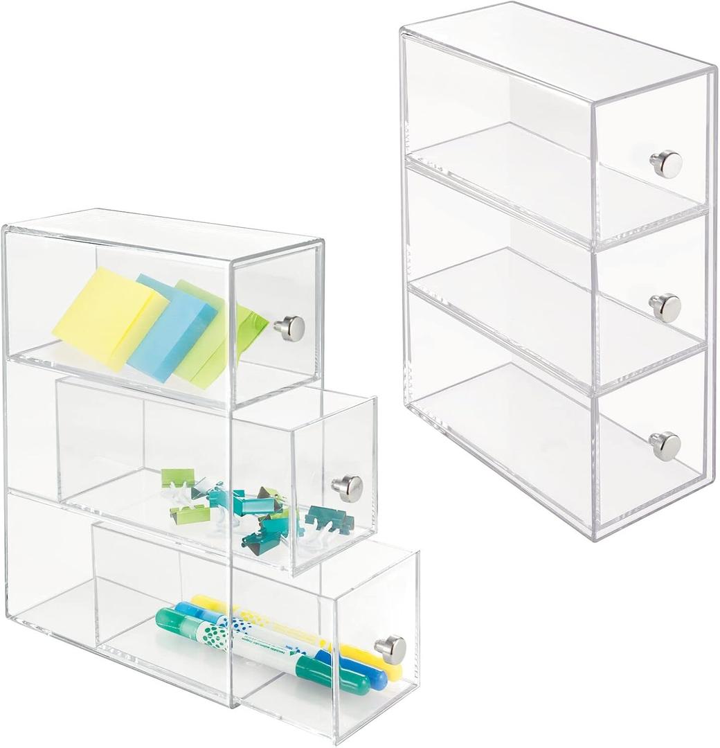 mDesign Plastic Stackable Desktop Organizer Tower Storage Station with 3 Drawers for Home Office - Holds Pens, Sticky Notes, Binder Clips, Notepads, or Gel Pens - Lumiere Collection - 2 Pack - Clear