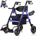 Walkers for Seniors,Heavy Duty Rollator Walker Wheelchair Combo, 2 in 1 Rollator Transport Chair with Brakes, 450 lb Rolling Walker 10" Big Wheels for All Terrain, Blue