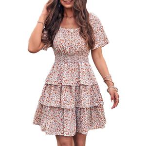 PRETTYGARDEN Women's 2025 Floral Summer Short Dress Square Neck Short Sleeve Tiered Ruffle Boho Swing Dresses, White, Small 