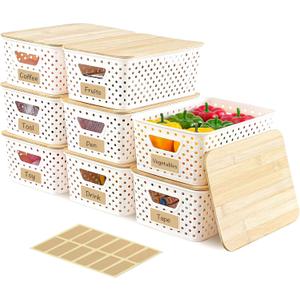 8 Pack Plastic Storage Bins with Bamboo Lids - Stackable Storage Baskets with Handle for Pantry Organizer and Storage, Plastic Containers Bins for Kitchen Bathroom Classroom Office Shelves