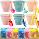 MiniInflat 18 Pcs Foldable Sand Buckets and Shovels and Mesh Bags for Kids Beach Tools Sand Toys Metal Garden Tools for Camping Gear, Travelling, Fishing Water Pail, Morandi Colors