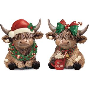 Karenhi 2 Pcs Highland Cow Figurines Christmas Hot Cocoa Highland Cow Gnomes Scottish Resin Statue Calf Lovers Gifts for Xmas Home Garden Kitchen Office Tiered Tray Table Decor