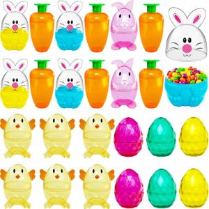 Alaeseje 24 Pack Easter Plastic Fillable Containers,Clear Carrot Bunny Chick Shaped Treat Containers,Colorful Diamond Eggs for Easter Hunt Party,Basket Stuffers Filler