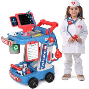 Liberry Doctor Kit for Kids Aged 3 4 5, Pretend Doctor Playset for Toddlers with Cart, Costume and Stethoscope, Role Play Medical Toy for Girls Boys (Blue)