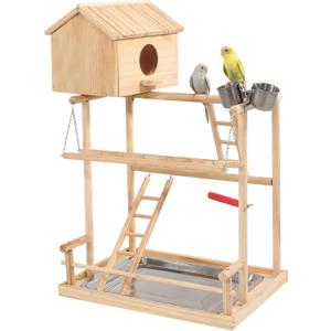 HiCaptain Large Bird Playground, 3 Layers Cockatiel Playground, Pet Parrot Playstand Gym Wooden Playpen Birds Play Stand with Nesting Box, Ladder, Feeder Cups