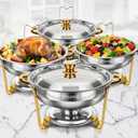 Chafing Dishes for Buffet 4 Pack 5QT Gold SS Round Warmer | Food Warmer with Stainless Steel Lid, Lid Holder & Stackable Design, Design for Home Parties & Small Catering Events
