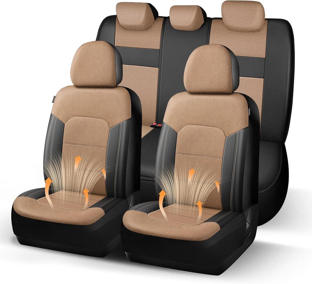 HChengkikz Car Seat Covers, Air Mesh and Faux Leather Seat Covers, Car Seat Covers Full Set Airbag Compatible, All Season Comfort Protection for Most Cars,Sedan,Truck,SUV((Full Set,Black Beige 812)