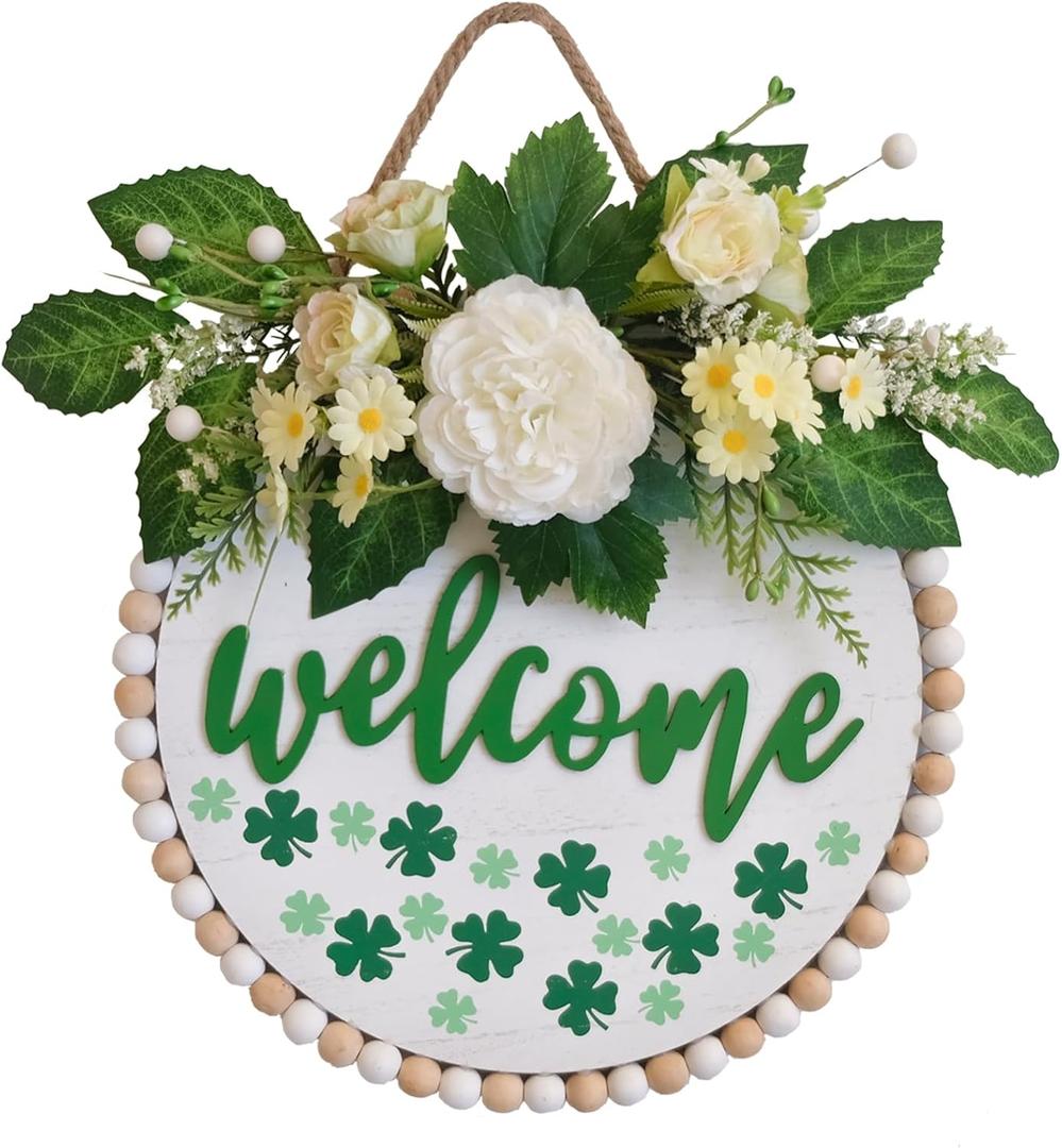 TEMPUS 14-Inch Welcome Sign for Front Door - Wooden Bead Wreath with Spring Summer Flowers and Greenery, Farmhouse Porch Wall Hanging, Year-Round Indoor Outdoor Home Entrance Decoration