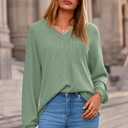 MASCOMODA Womens Tops Casual V Neck Waffle Knit Long Sleeve Shirts Trendy Loose Tunic Pullover Work Blouses Fall Outfits(Green,Medium) (Green, M)