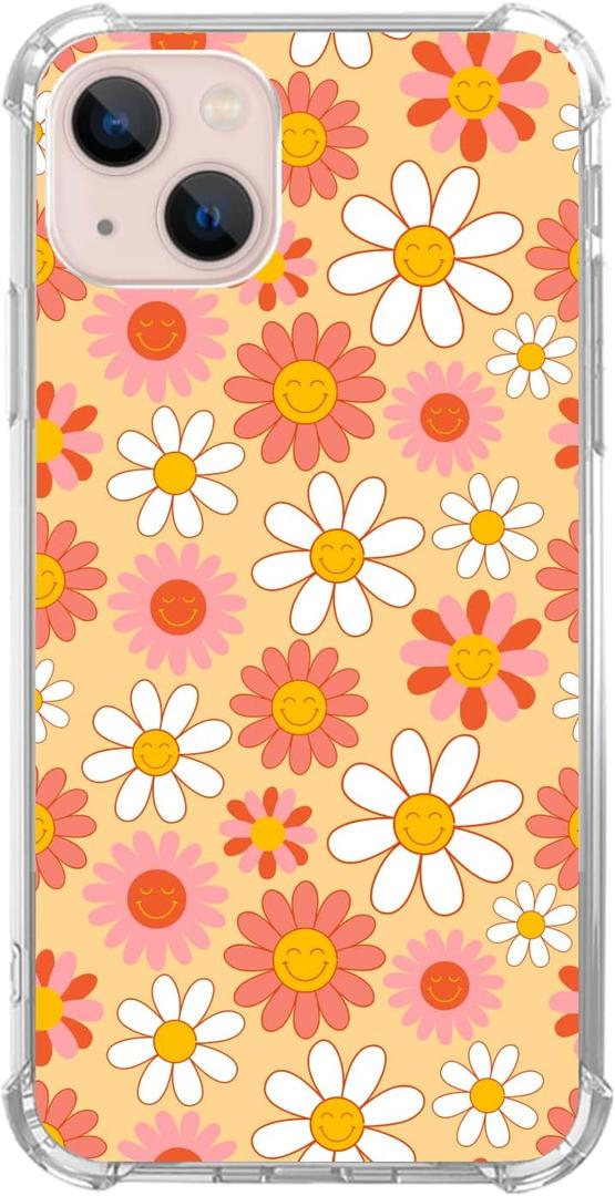 Hippie Groovy Smile Flowers Case Compatible with iPhone 13, Yellow Orange White Pink Smiling Flowers Case for iPhone 13, Cool TPU Bumper Phone Case Cover