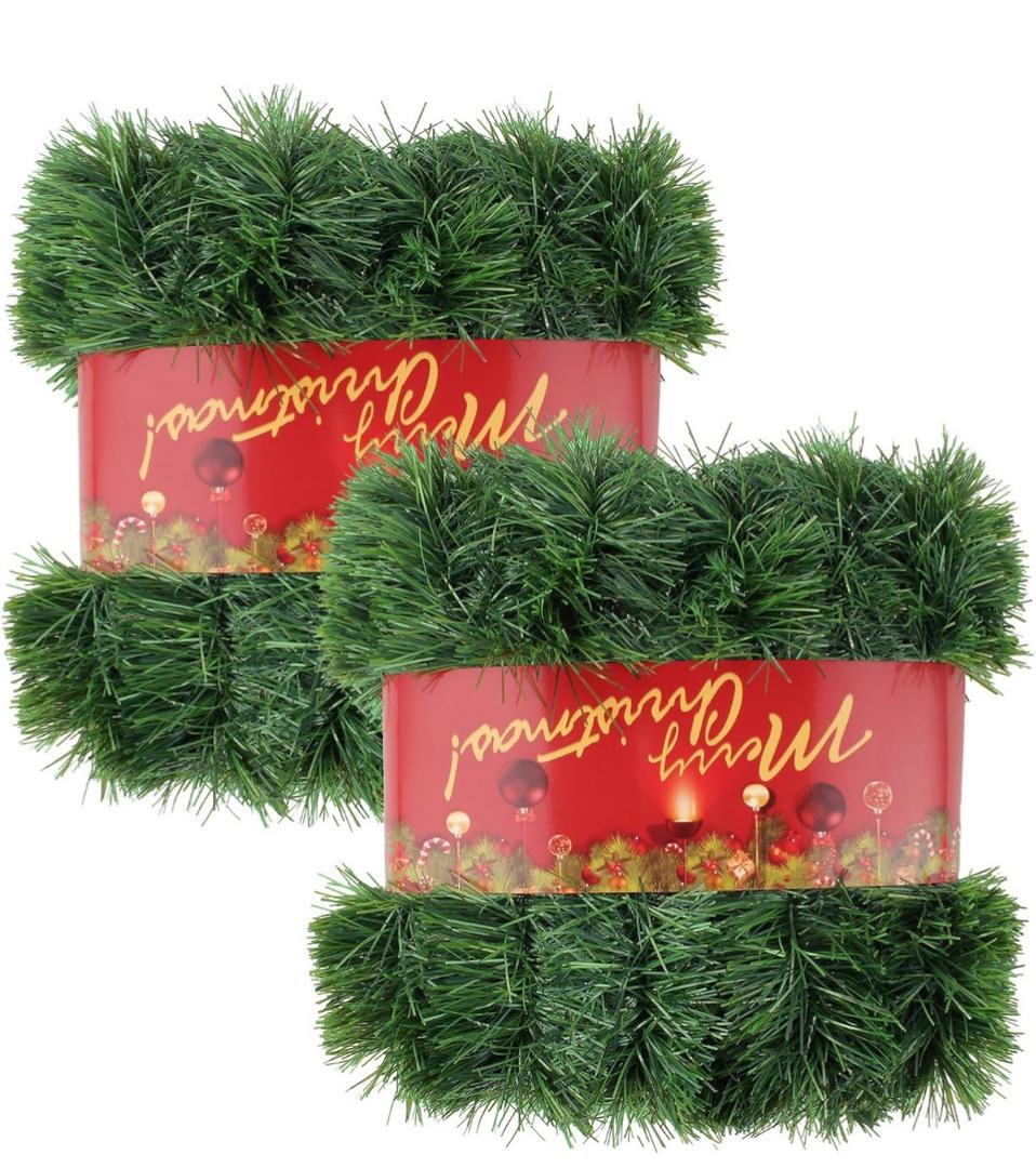 2Pcs 50FT Green Christmas Garland Decorations, Christmas Artificial Pine Greenery Garland Outdoor Indoor Decor, Straight Faux PVC Soft Garland for Stairs Railing Fireplace Window Christmas Decor