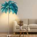 Feather Floor Lamp for Living Room, Fluffy Ostrich Feathers Lamp, Rose Gold Color Body, 3 Color Temperatures Modern Funky Arc Tall Standing Lamp for Bedroom Inclued Bright LED Bulbs (Blue)