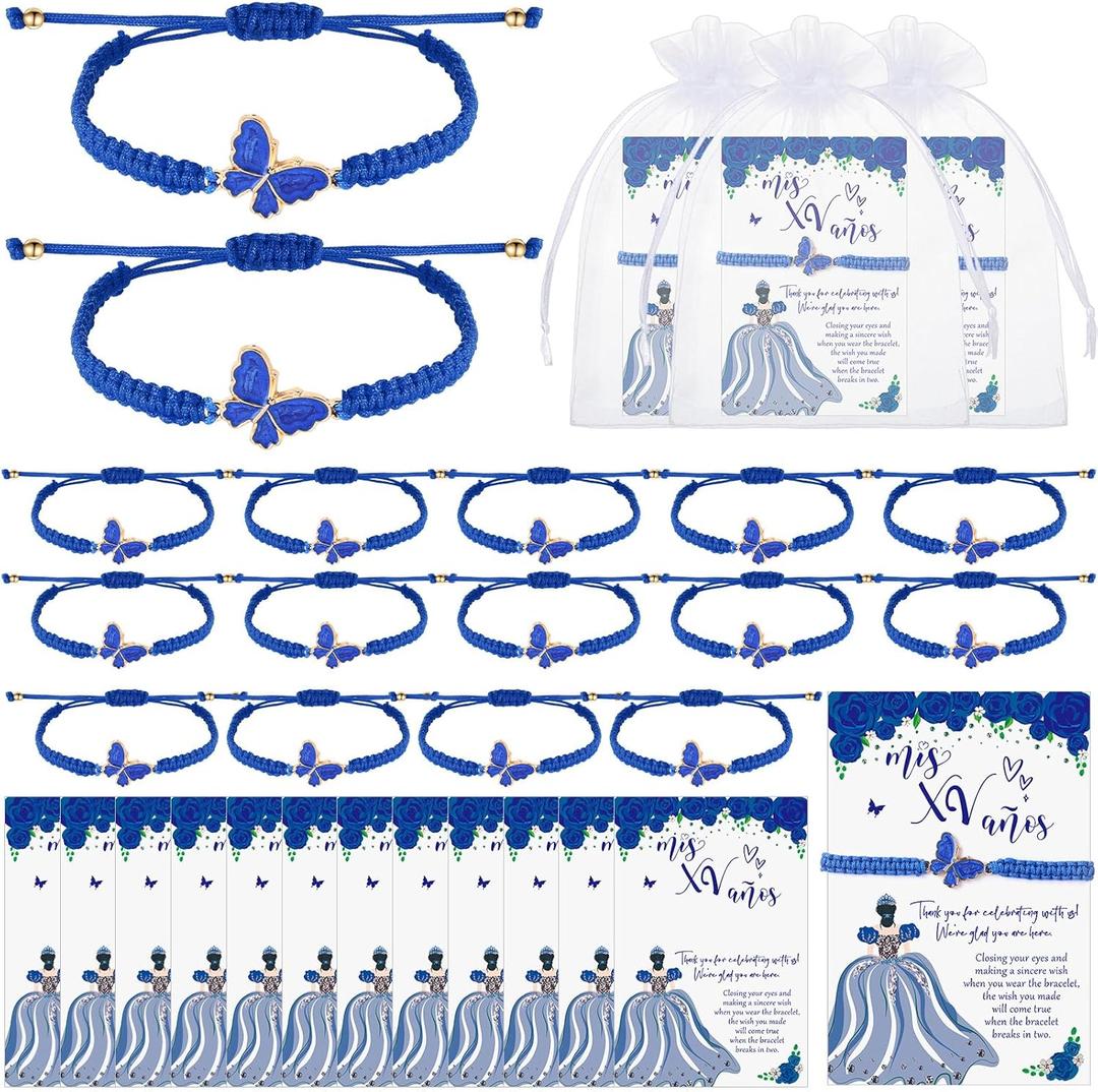 Wenqik 25 Pcs Quinceanera Butterfly Bracelet Adjustable Strings Cute Butterfly Charms for Woven Bracelets Accessories Quinceanera Party Favors (Blue)