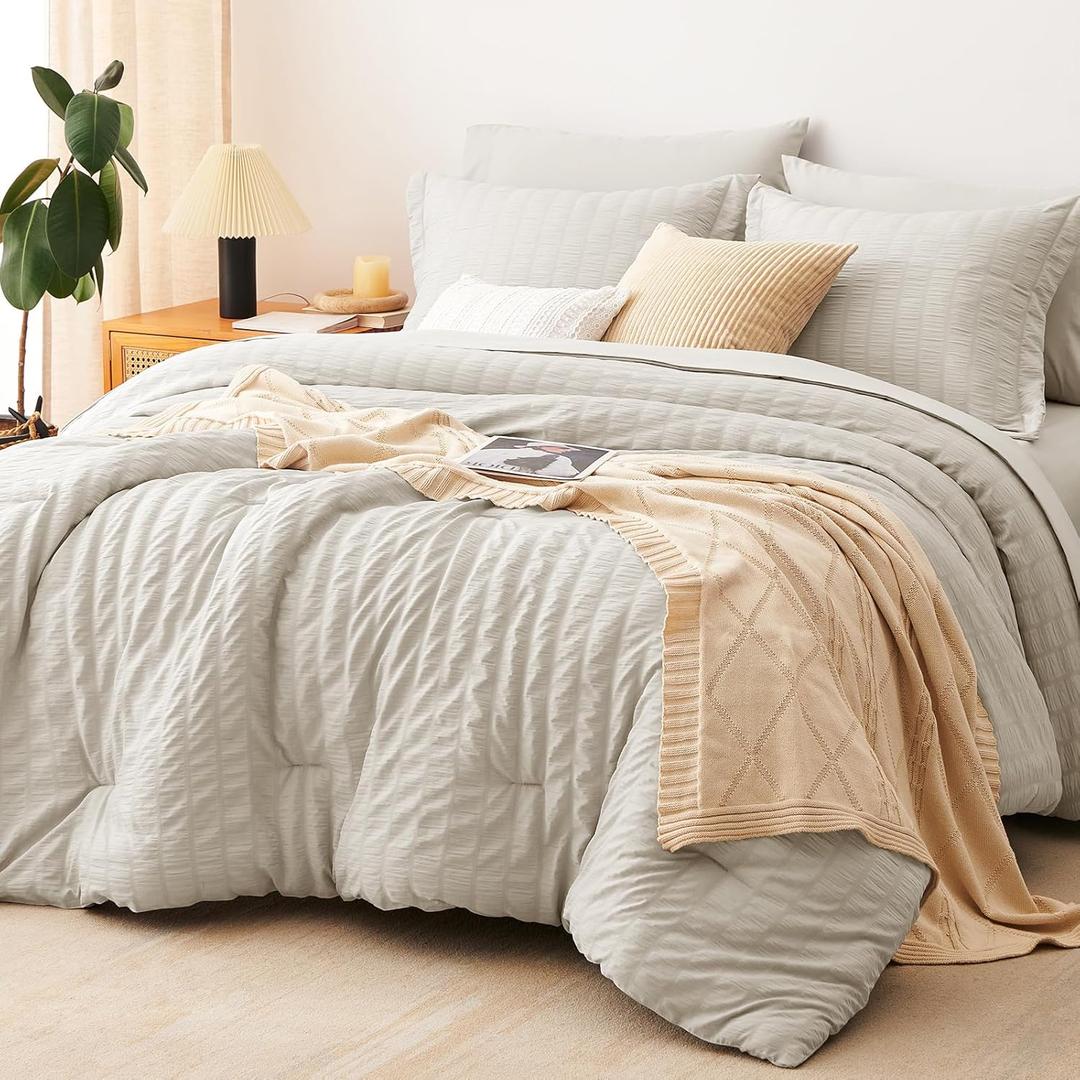 CozyLux Queen Seersucker Comforter Set with Beige Bed in a Bag 7-Pieces All Season Bedding Sets with Comforter, Pillow Sham, Flat Sheet, Fitted Sheet, Pillowcase