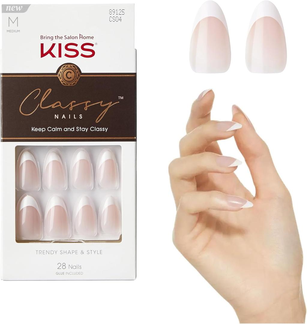 KISS Classy, Press On Nails, Nail glue included, 'Dashing', Light White, Medium Size, Almond Shape, Includes 28 Nails, 2g glue, 1 Manicure Stick, 1 Mini File