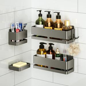 Bathroom Shower Caddy (5-piece Set Storage Rack), wall-Mounted Shelf with soap Dish and Toothbrush Holder, no Drilling Required, Ideal for Bathroom Storage and Also Suitable for Kitchen (Grey)