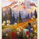 MyPuzzle Mount Rainier National Park: Moment in The Meadow, Vintage Poster - Premium 1000 Piece Jigsaw Puzzle for Adults