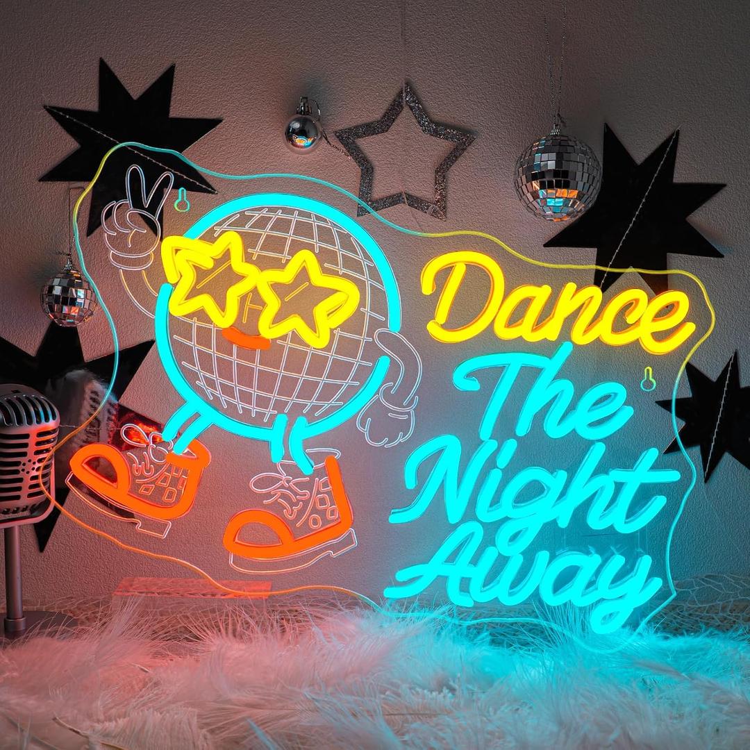 Music Neon Sign Dance The Night Away Neon Disco Ball Light Up Retro Design for Theme Party Bar Dance Vintage Wall Decor Dimmable LED Music Light for Vintage Style Lovers and Dancers