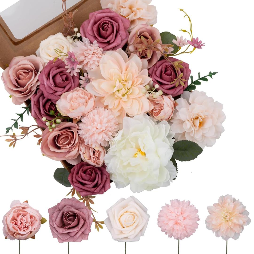 Dusty Pink Rose Artificial Flowers Combo, Fake Rose Dahlia Mix Silk Flowers Bulk with Stems Set for DIY Wedding Decor Bridal Bouquet Table Centerpiece Arrangement Baby Shower Party 20 Pcs