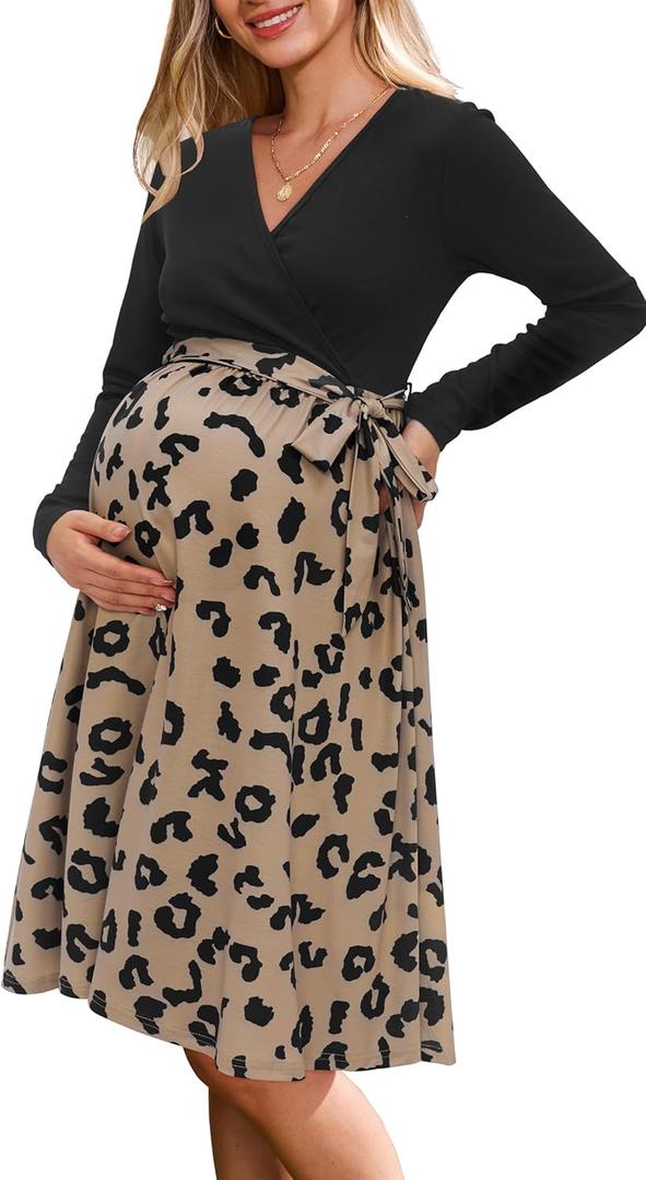 OUGES Womens' Fall Dress 2024 Long Sleeve V Neck Ribbed Business Casual Outfits Teacher Midi Maternity Dresses with Pockets (Medium, Floral-3)