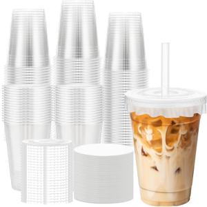 100 Pack 16 oz Disposable Cups with Lids and Straws, Plastic Coffee Cups Iced Smoothie Cup with Lids and Paper Lid Liners for Cold Drink, Smoothies and Leak-Proof, BPA-Free