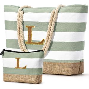 Becokan Beach Bag Initial Beach Tote with Makeup Bag for Travel Work Storage Personalized Birthday Gifts for Women Her (Light Green)