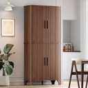 Decofy 69" Tall Kitchen Pantry Storage Cabinet with Sliding Door, Modern Curved Edge Pantry Storage Cabinet with 5 Shelves, Cupboard for the Kitchen, Dining Room, Bedroom, Living Room, Office (Walnut)