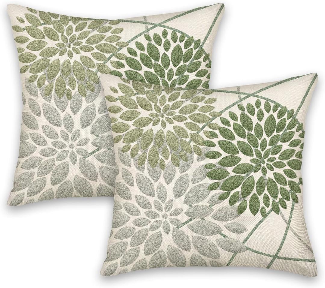 Sage Green Decorative Dahlia Boho Throw Pillow Covers 20x20 Set of 2, Geometric Floral Elegant Gray Green White Decor Rustic Farmhouse Throw Pillows Cushion Cases for Sofa Bed Decor