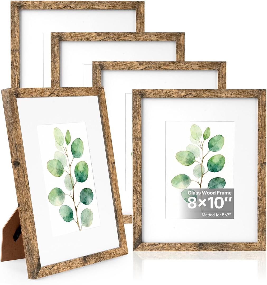 HOUSE DAY 8x10 Picture Frame, Picture Frames 8x10 Wooden Picture Frames with Real Glass, Rustic 8 x 10 Photo Frame for Wall or Tabletop, Display Picture 5x7 with Mat or 8x 10 Without Mat (5 Brown)