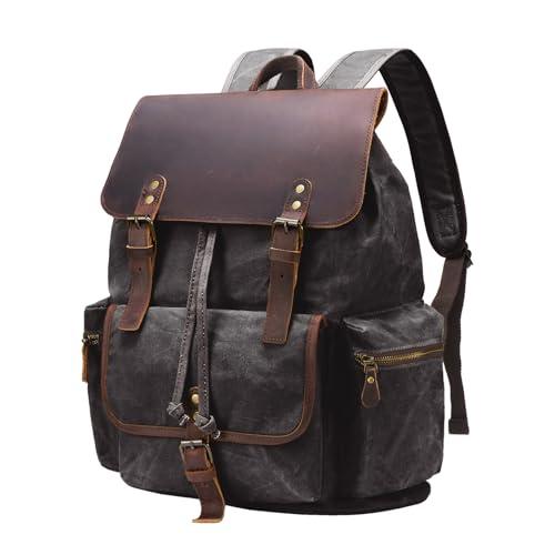 NEHOR Vintage Waxed Canvas Backpack Casual Genuine Leather Laptop Rucksack Shoulder DayPack for Travel/Hiking/School