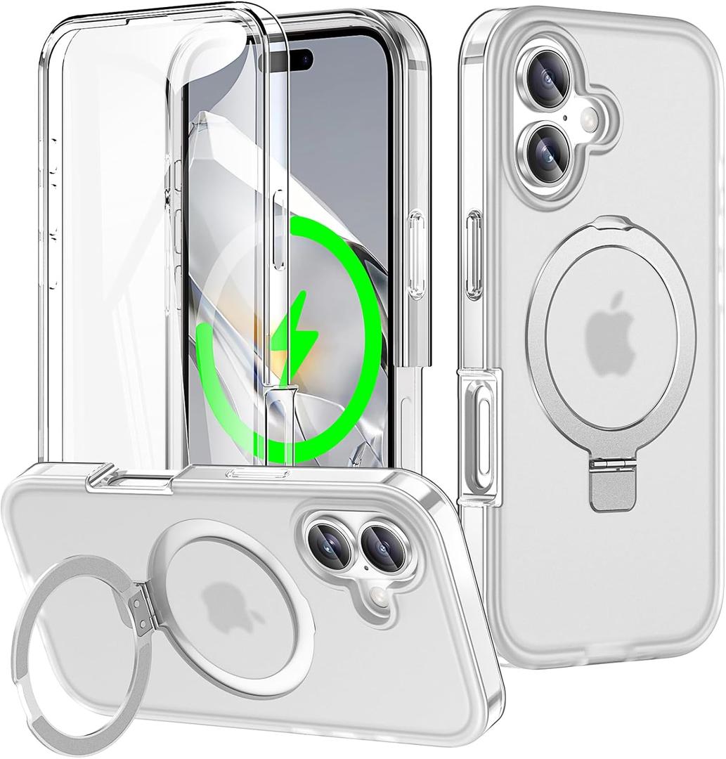 for iPhone 17 Full Body Shockproof Case with Magnetic Invisible Stand [Compatible with MagSafe] Built-in Screen Protector Military Drop ProtectionTranslucent iPhone Cover -White