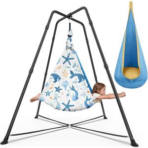 2 in1 Sensory Swing Set for Kids, X-Shaped Frame 330 lbs | 2 Swing Options, 25mm Diameter Steel Frame, Rubber Foot Pads, Indoor Outdoor Autism Swing for Kids Adults(Fish Print)