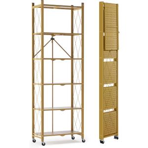ALANNG 73.6 Inch Folding Bookshelf, 6 Tier Metal Bookcase and Bookshelves, Tall Shelves for Living Room Office Bedroom, Heavy Duty Book Shelve Free Standing Open (Gold, 1PACK)