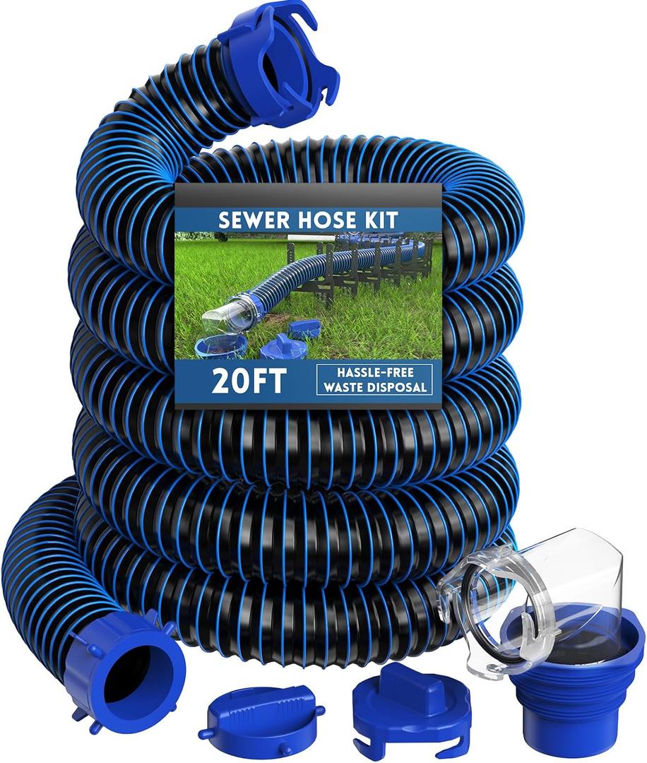 DUMPMAN RV Sewer Hose 20 Ft, Sewer Hose for RV Camper, RV Sewer Hose Kit with Swivel Fitting - Includes 90 Degree Clear View Sewer Adapter, and 2 Storage Caps