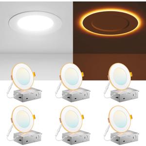 Amico 6 Pack 4 Inch 5CCT LED Recessed Ceiling Light with Night Light, 2700K/3000K/3500K/4000K/5000K Selectable Ultra-Thin Recessed Lighting, 10W=90W, 700LM, Dimmable Canless Wafer Downlight - ETL&FCC