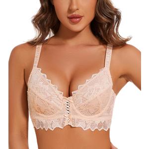 Plus Size Sexy Lace Bra Sheer See Through Bralette Underwire Vintage Maiden Lingerie (34D, Beige)