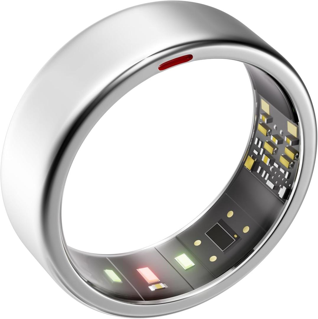 Smart Ring for Women Men- Sleep/Fitness/Stress/Heart Rate Tracker- Menstrual Records - 7 Days Battery Life - Wireless Charging - No APP Subscription - iOS & Android Compatible (Silver, Size 7)