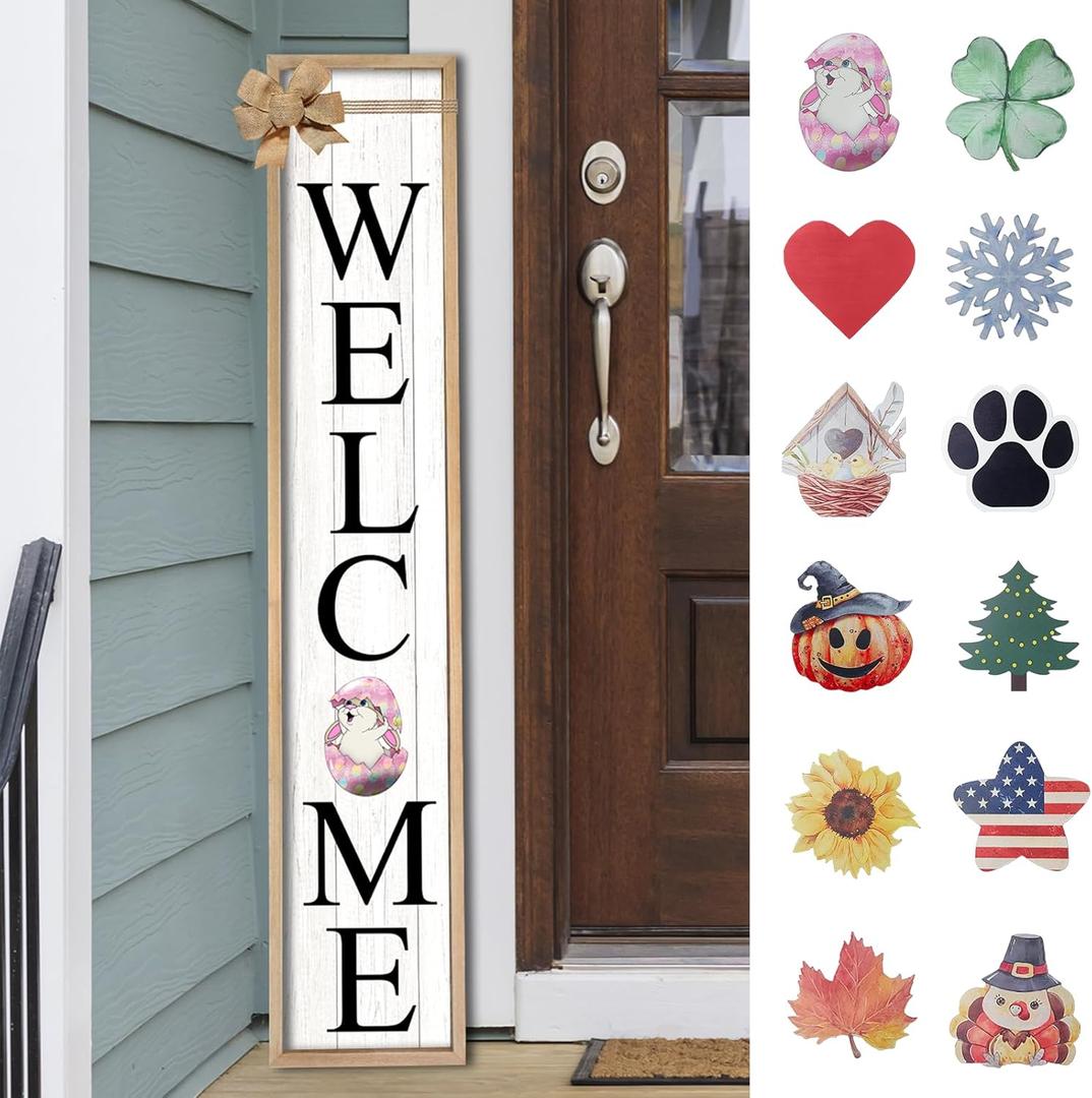 Interchangeable Welcome Sign for Front Porch Standing 45"X9" Large Tall Vertical Outdoor Decor Frame With 12 Pcs Designed Icons for Outside Door Decorations (Wood)