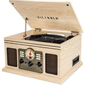 Victrola The Quincy 6-in-1 Bluetooth Record Player & Multimedia Center with Built-in Speakers 3-Speed Turntable, CD & Cassette Player, FM Radio, Wireless Music Streaming (Natural)