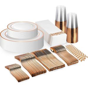 Neatiffy 225 Pcs Rose Gold Rim Plastic Dinnerware Set (25 Guests) | 25 x (Dinner Plate, Dessert Plate, Plastic Silverware, Cup, Napkin, Straw) | For Wedding, Luxurious Party, Special Event