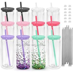 Icesip 12 Pack 20oz Acrylic Snowglobe Tumbler, Pre-Drilled Double Wall Plastic Clear Cup, Plastic Mason Jar with Lids and Straw, Reusable Clear Beer Can for Snow Globe Glitter DIY
